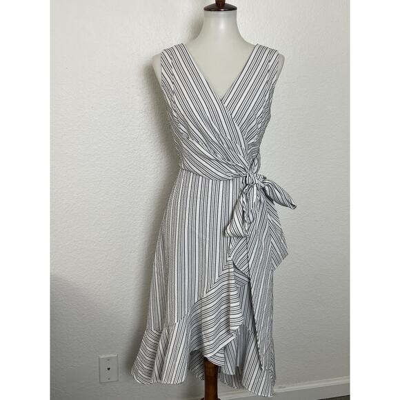 Calvin Klein Dress Midi Belted Striped Ruffled V Neck Seersucker - Picture 1 of 13